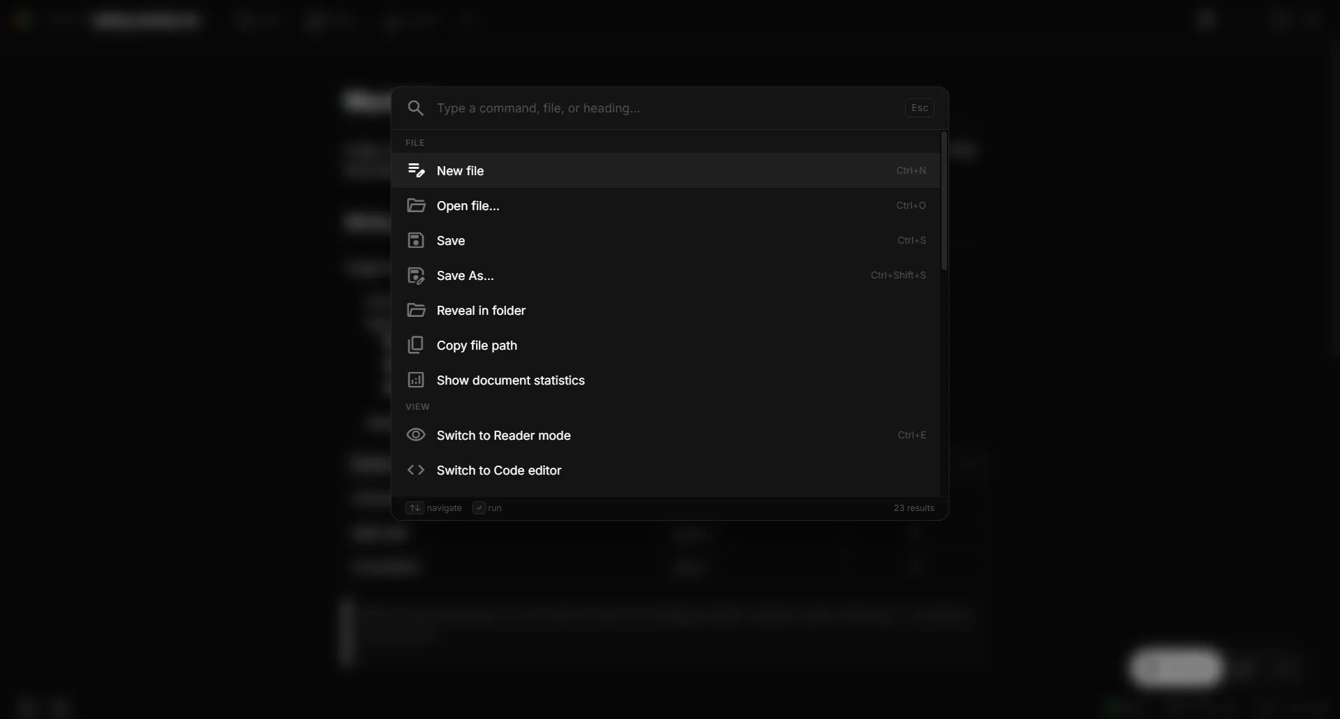 Paperling command palette listing New file, Open, Save, Reveal in folder, and mode-switch commands