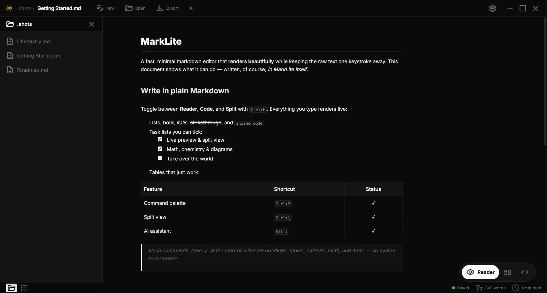 Paperling file explorer showing a folder of Markdown notes beside the rendered reader view