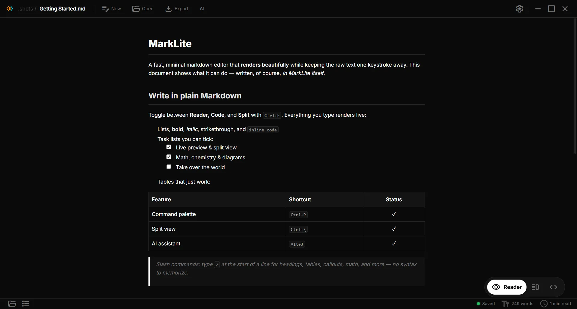 Paperling Dark theme rendering a Markdown document