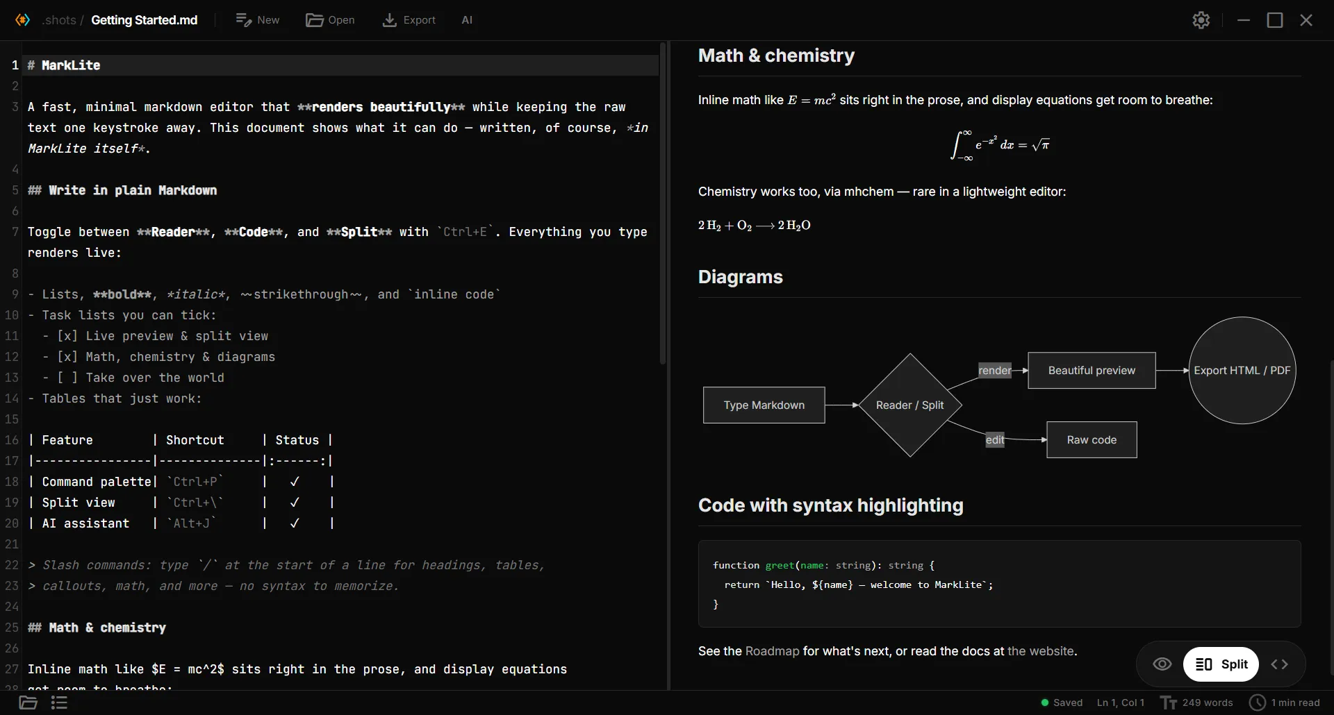 Paperling preview rendering an integral equation, a balanced chemical reaction, a Mermaid flowchart, and a syntax-highlighted code block