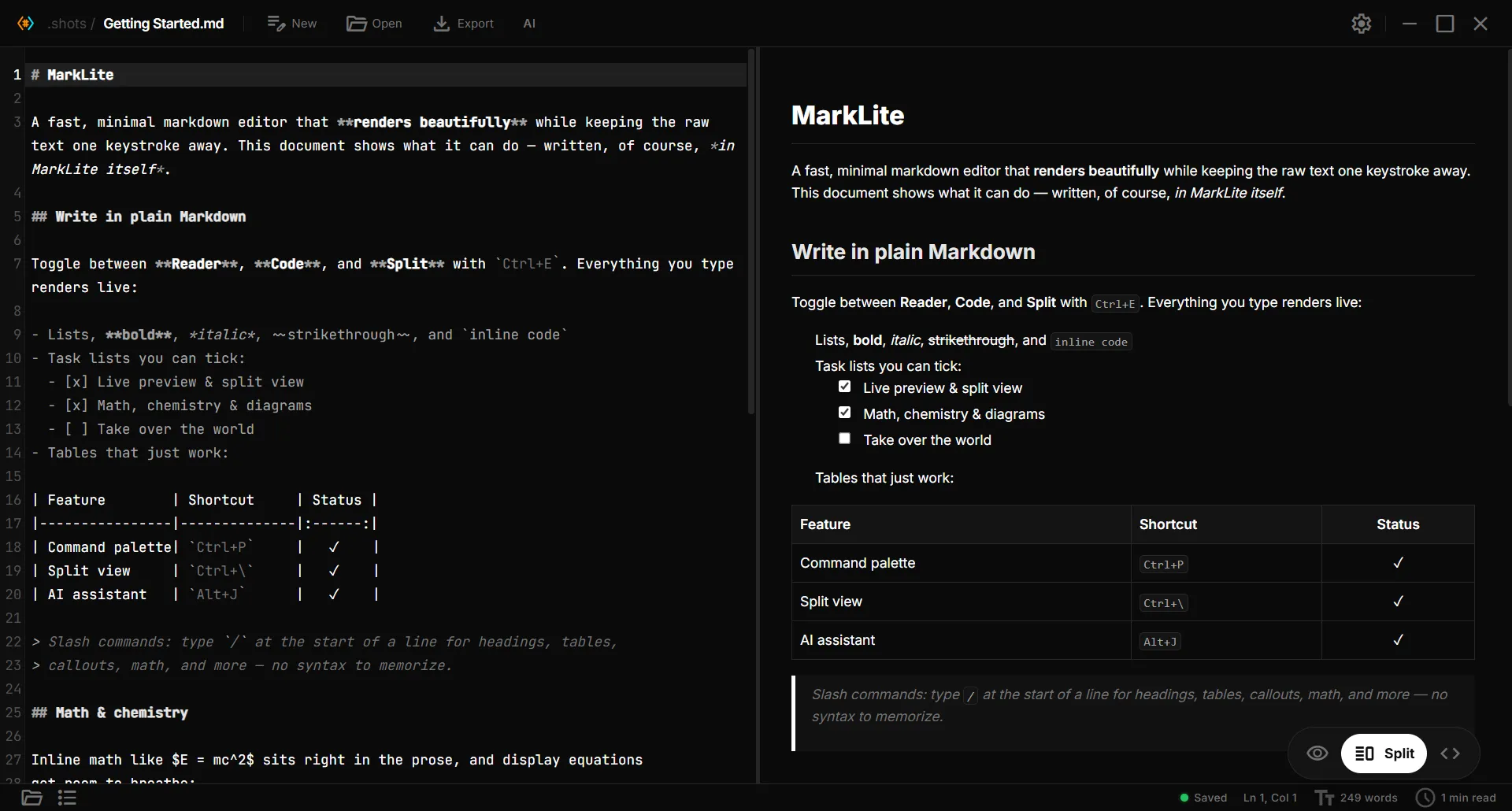 Paperling in split view: syntax-highlighted Markdown source on the left, the live-rendered document with a table, task list, and headings on the right